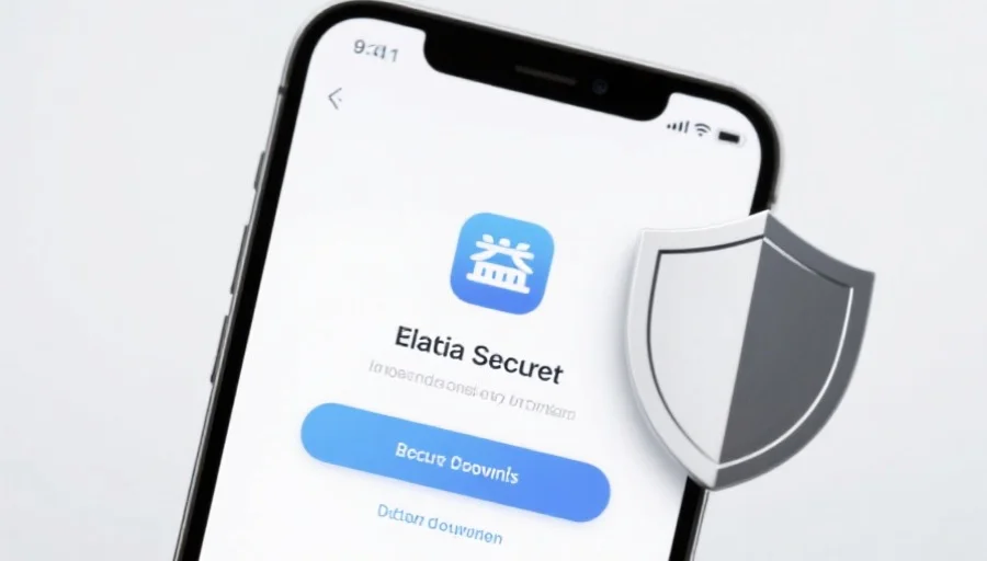 一部现代智能手机屏幕上显示杏盛应用的安全下载界面，旁边有安全盾牌图标，背景简洁