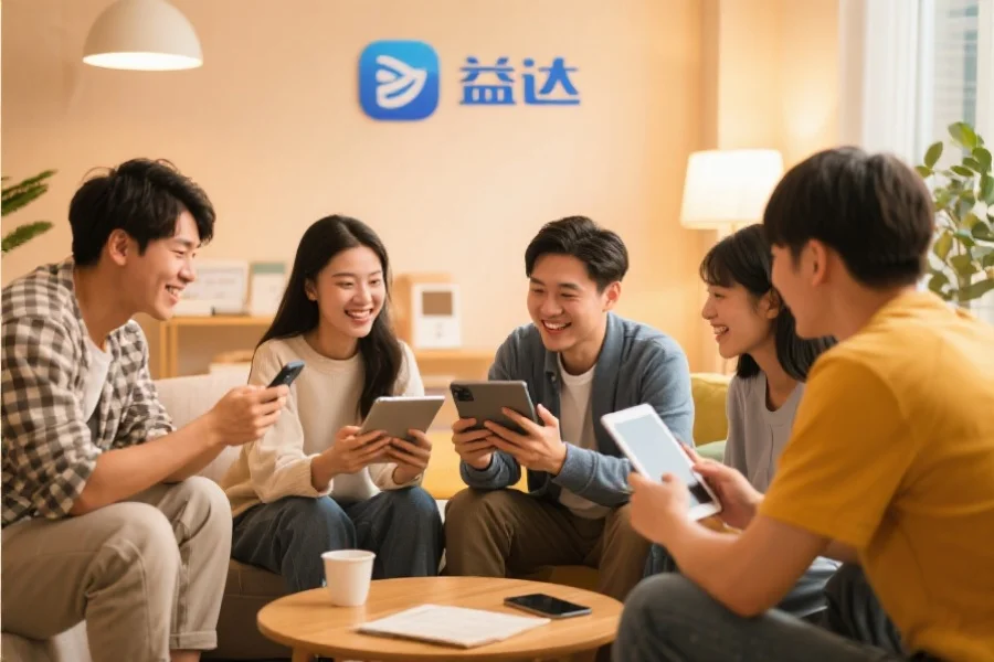 一群年轻用户围坐在一起，使用平板和手机愉快地交流，背景温馨现代，象征杏盛应用的社区活跃氛围